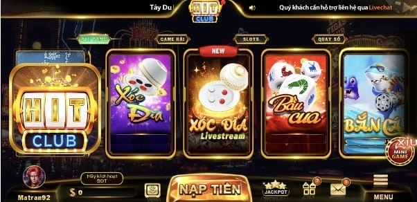 Giao diện trò chơi Hitclub với các game hot như tài xỉu, bắn cá.